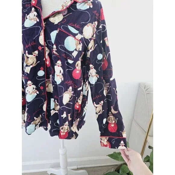 Nick & Nora Monkey Yarn Cotton Purple Flannel Christmas Sleep Pajamas Set XXL 2X - Picture 5 of 9